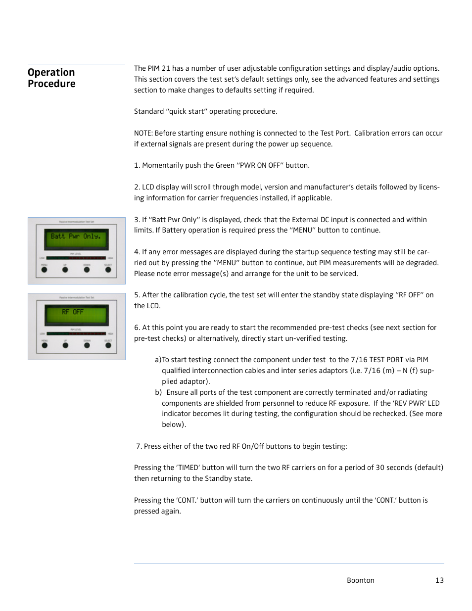 Operation procedure | Boonton PIM 21 User Manual User Manual | Page 13 / 31