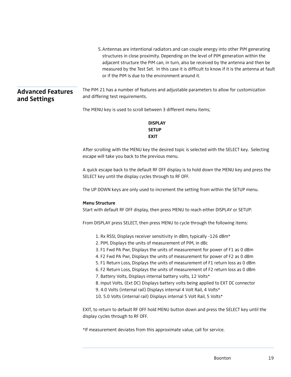 Advanced features and settings | Boonton PIM 21 User Manual User Manual | Page 19 / 31