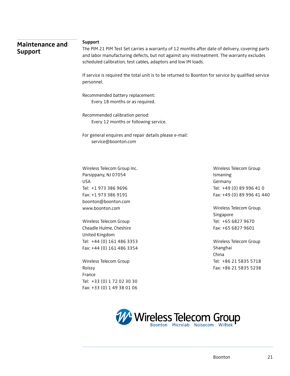 Maintenance and support | Boonton PIM 21 User Manual User Manual | Page 21 / 31