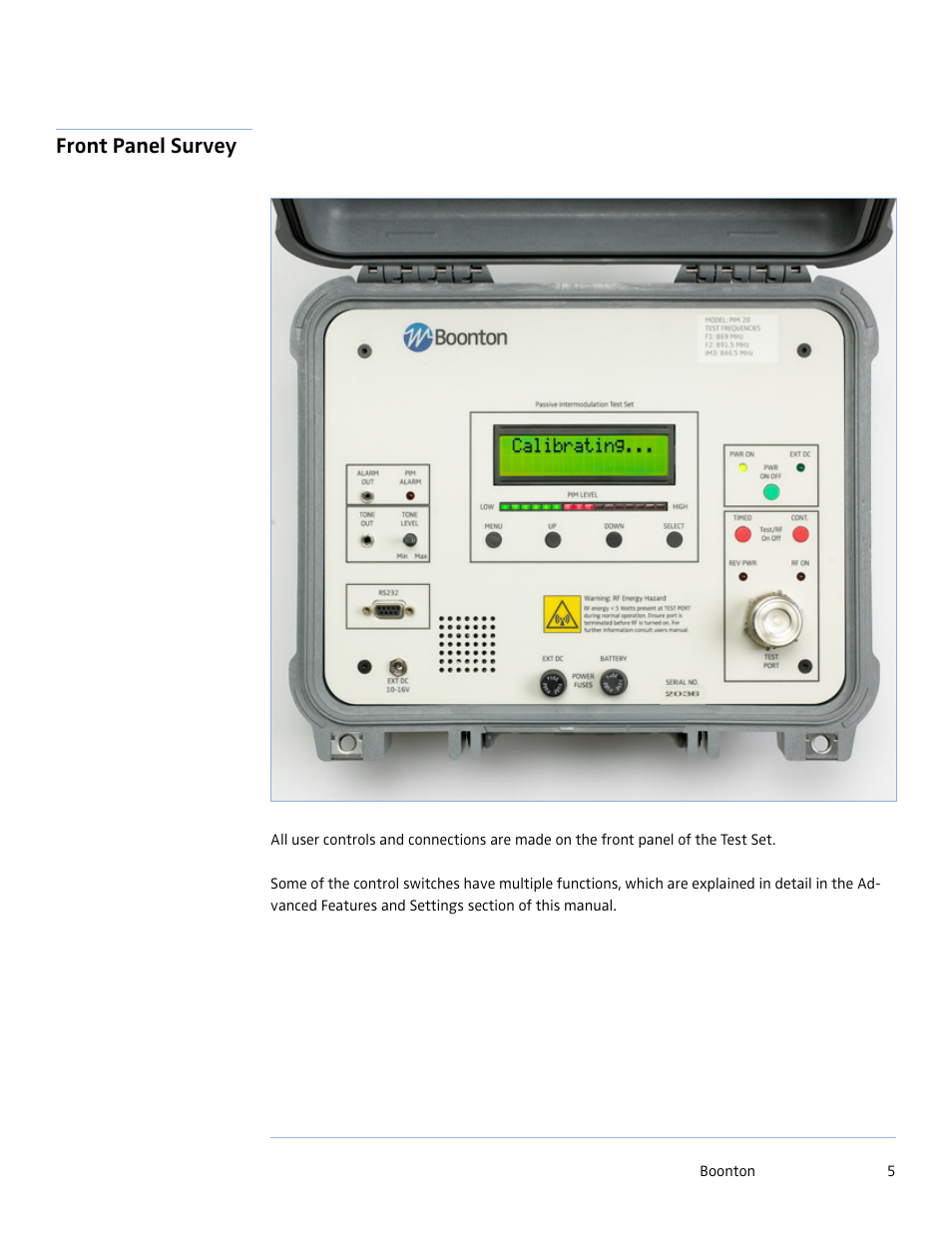 Front panel survey | Boonton PIM 21 User Manual User Manual | Page 5 / 31