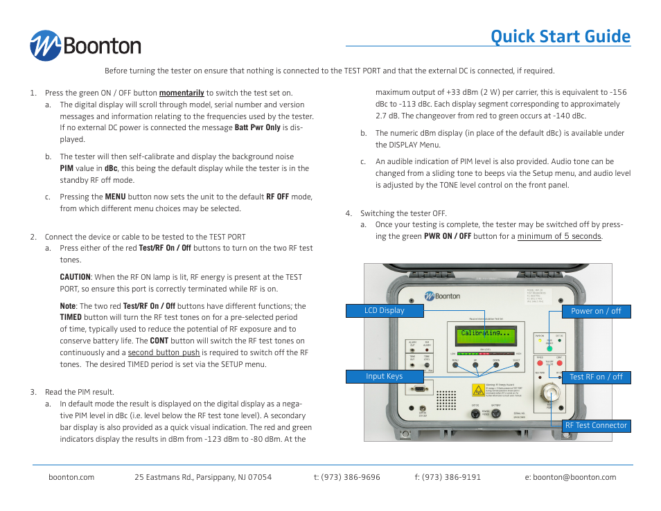 Boonton PIM 21 Quick Start User Manual | 2 pages