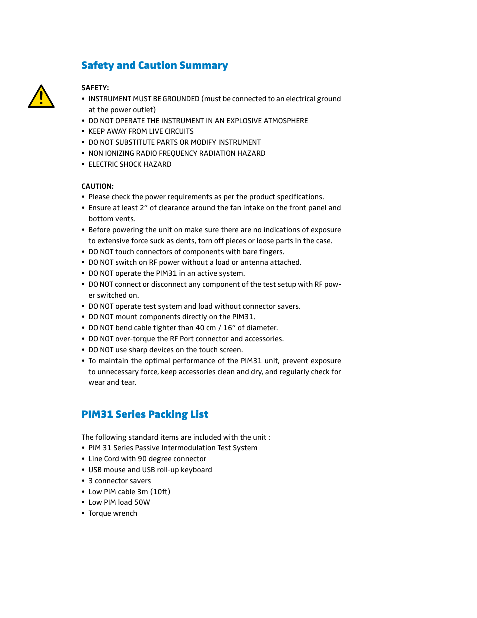 Safety and caution summary, Pim31 series packing list | Boonton PIM 31 Quick Start User Manual | Page 3 / 6