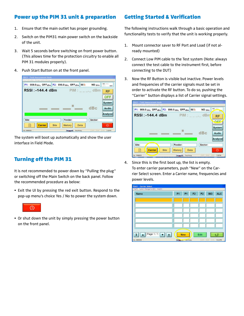 Getting started & verification, Power up the pim 31 unit & preparation, Turning off the pim 31 | Boonton PIM 31 Quick Start User Manual | Page 4 / 6
