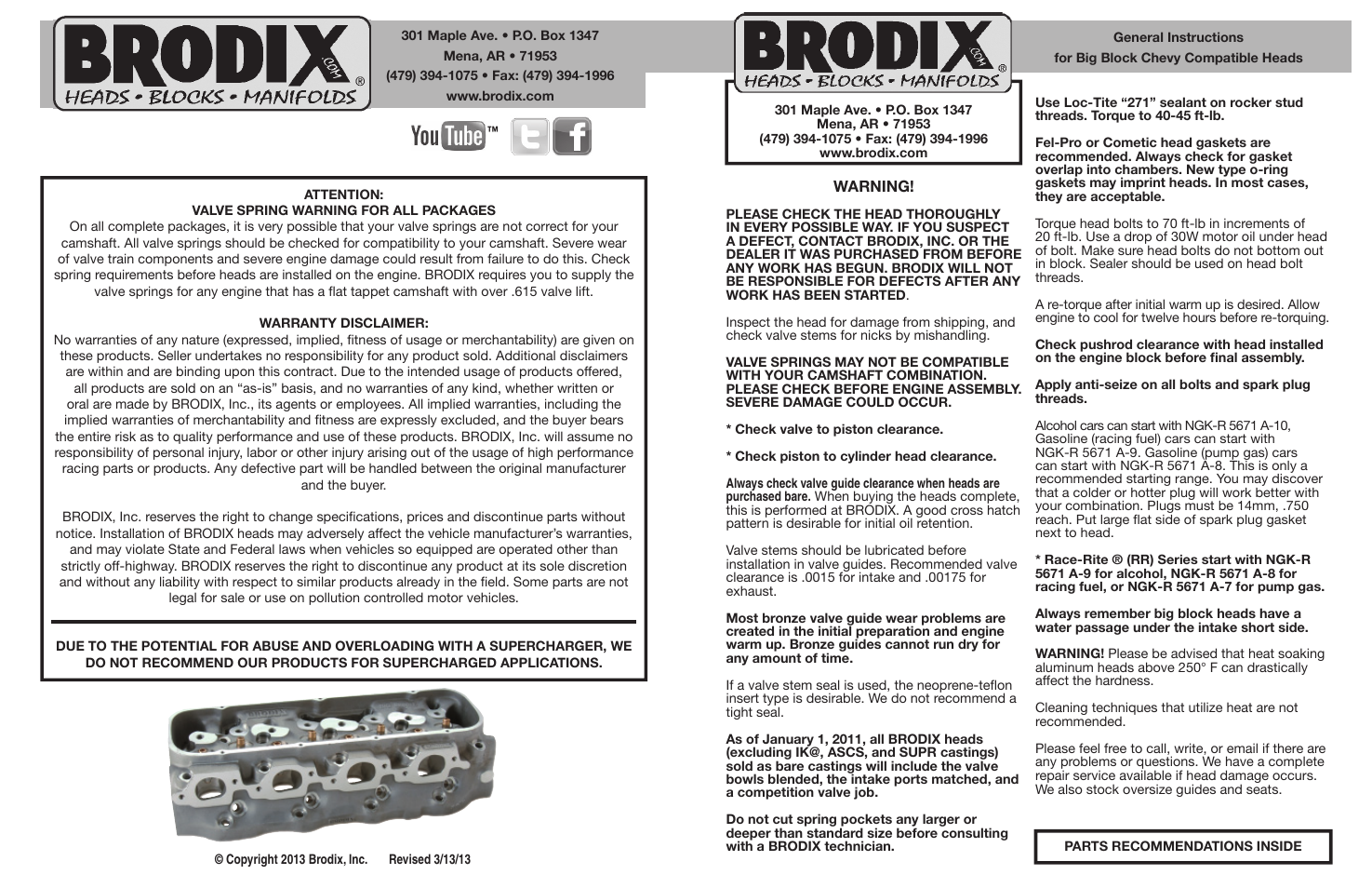 Brodix Big Block Chevy Compatible Head User Manual | 2 pages