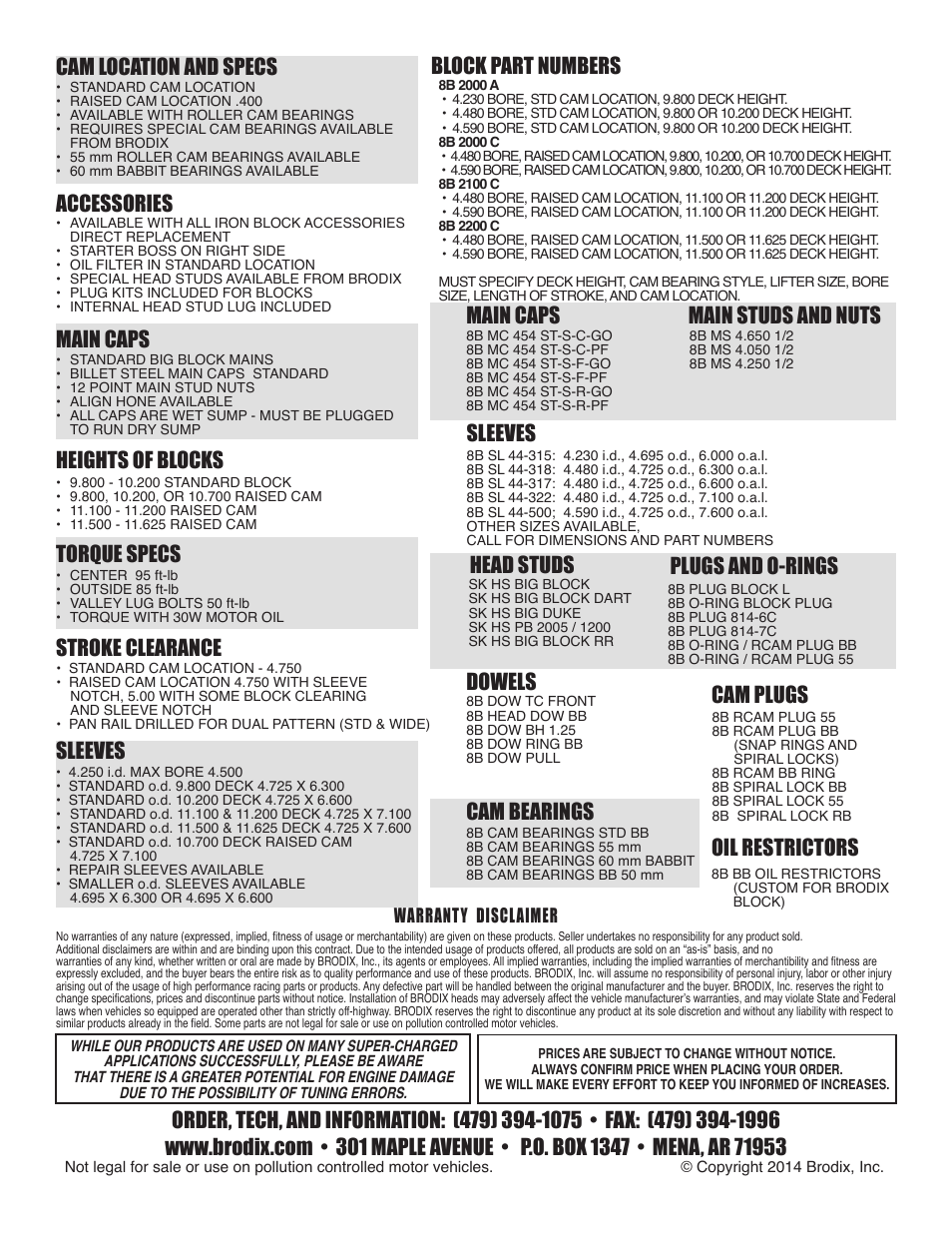 Block part numbers, Main caps main studs and nuts, Sleeves | Head studs, Plugs and o-rings, Dowels cam bearings, Cam plugs, Oil restrictors, Cam location and specs, Accessories | Brodix Big Block Chevy Compatible Block User Manual | Page 2 / 2