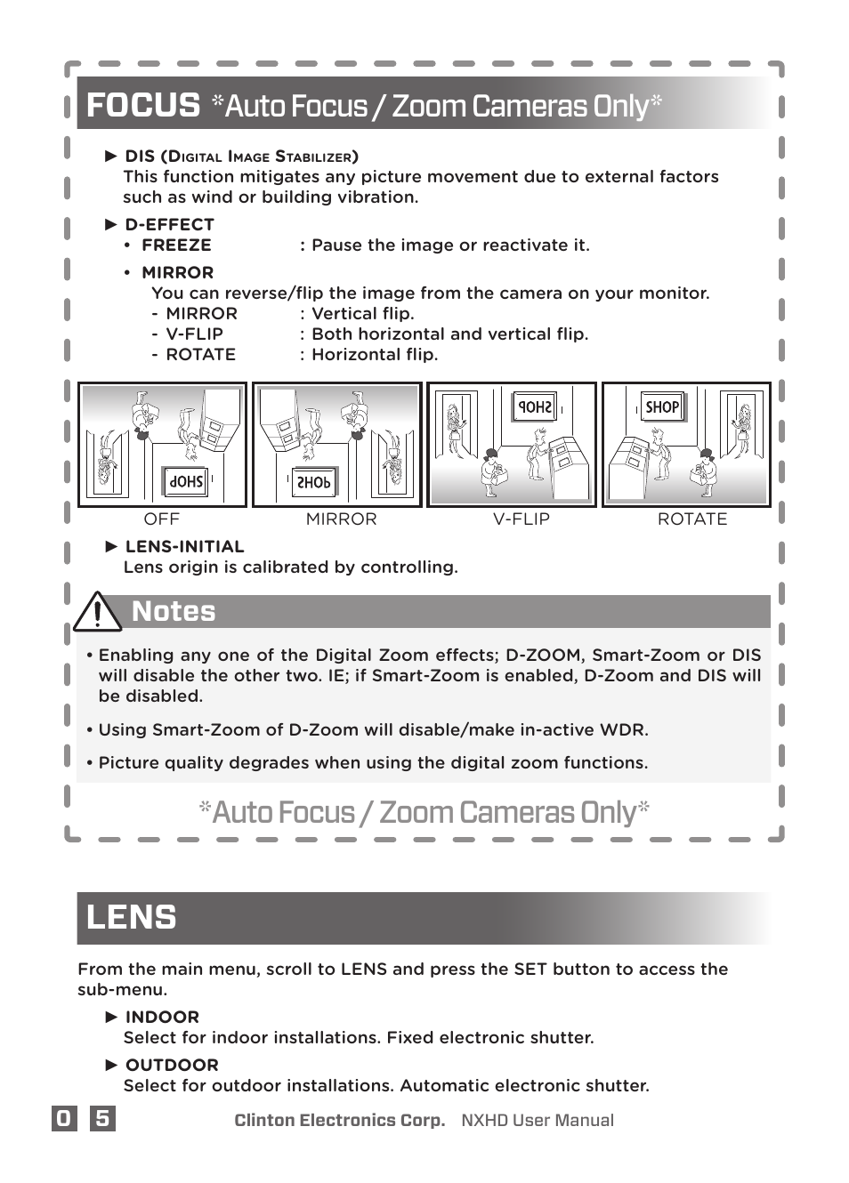 Focus, Lens, Auto focus / zoom cameras only | Clinton Electronics NXHD OSD User Manual | Page 10 / 28