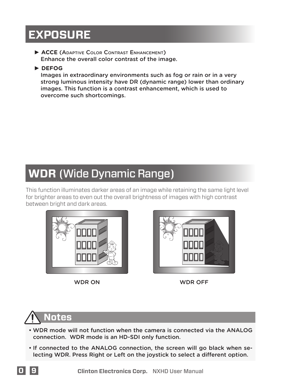 Exposure wdr (wide dynamic range) | Clinton Electronics NXHD OSD User Manual | Page 14 / 28