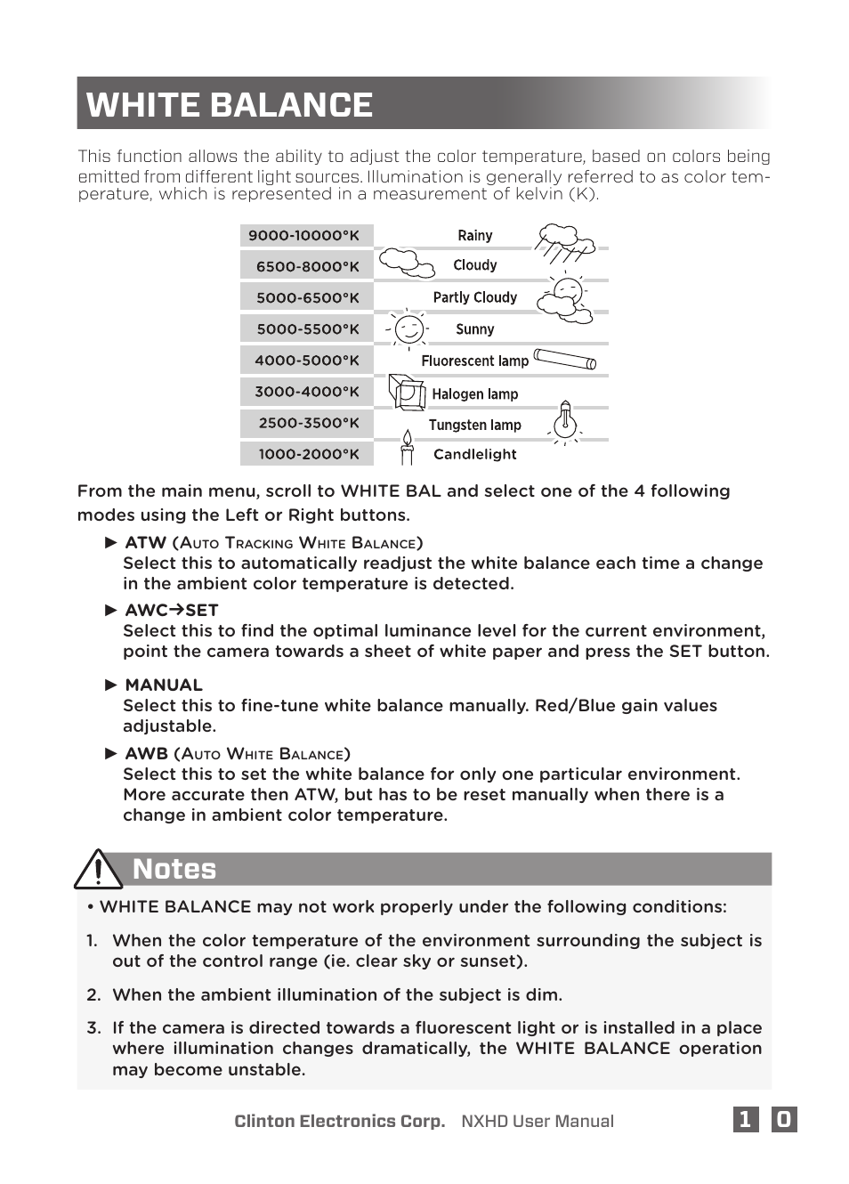 White balance | Clinton Electronics NXHD OSD User Manual | Page 15 / 28