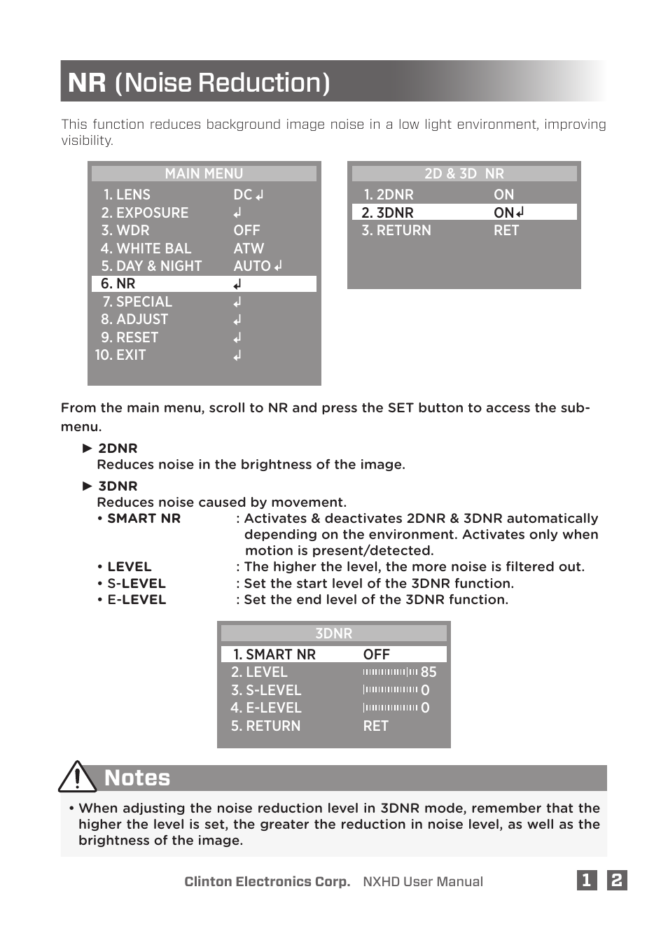 Nr (noise reduction) | Clinton Electronics NXHD OSD User Manual | Page 17 / 28