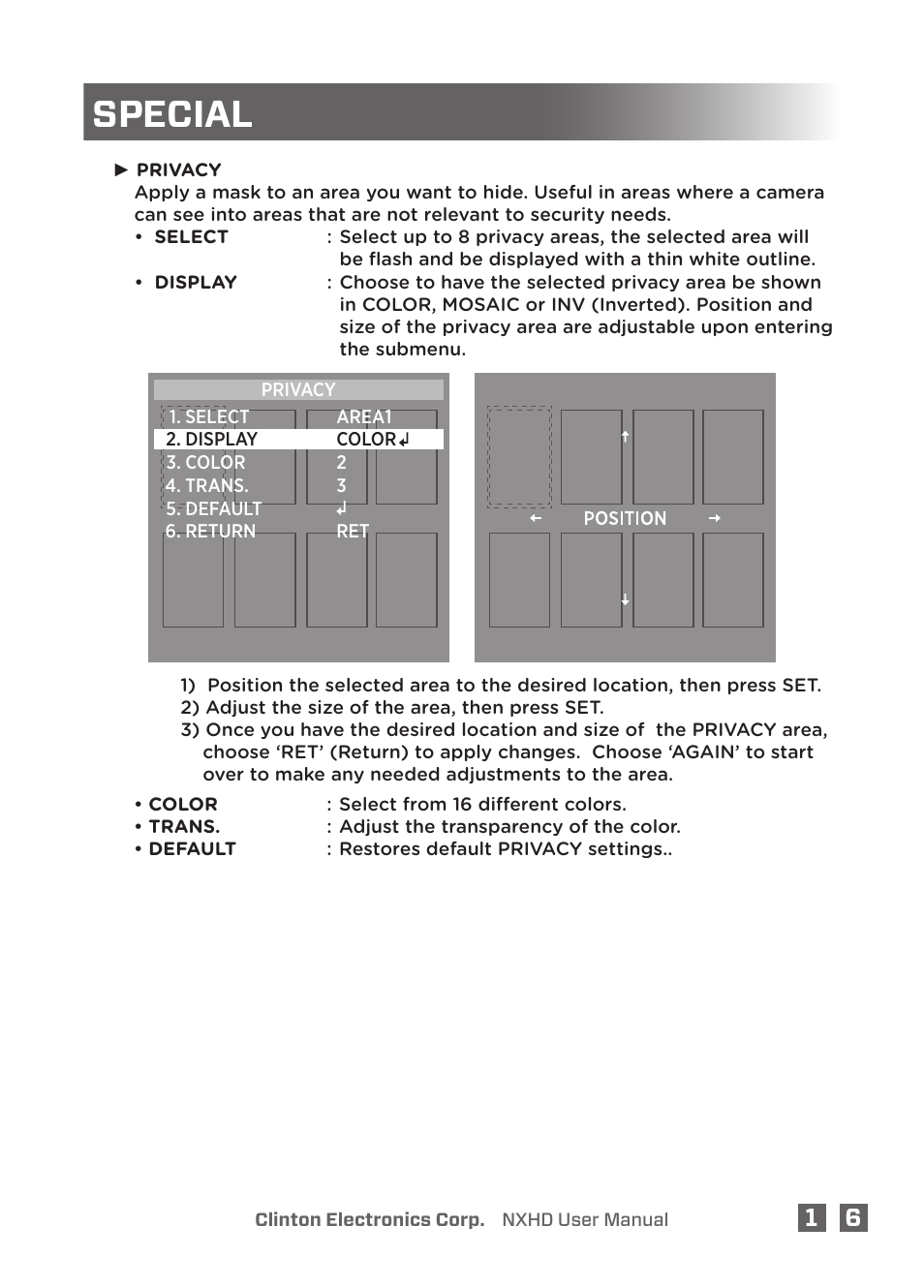 Special | Clinton Electronics NXHD OSD User Manual | Page 21 / 28