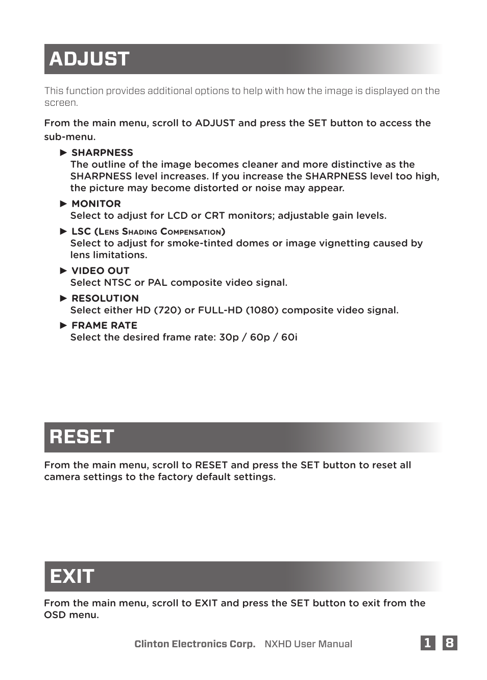 Adjust, Reset, Exit | Clinton Electronics NXHD OSD User Manual | Page 23 / 28