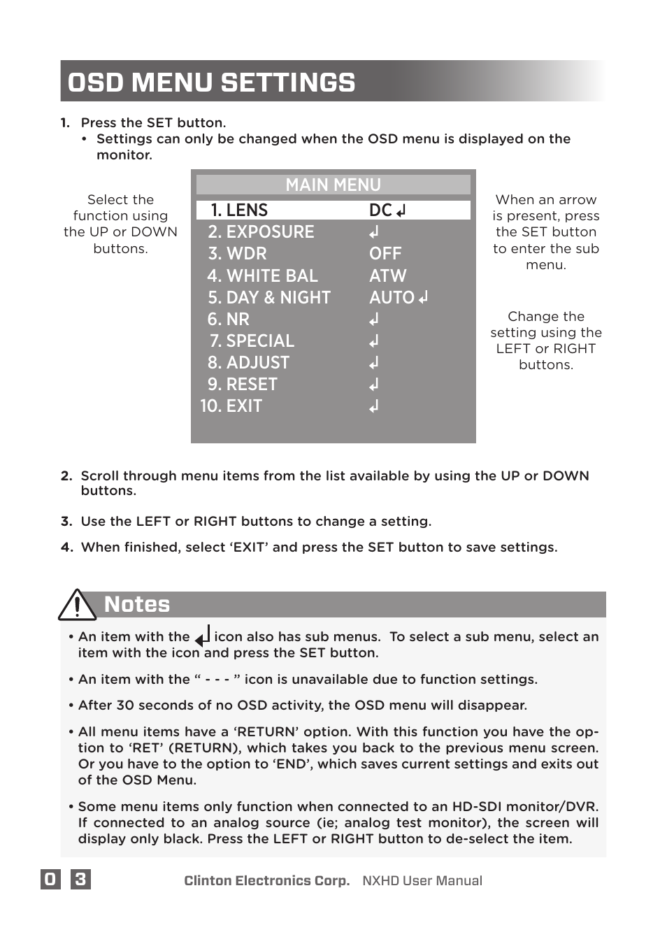 Osd menu settings | Clinton Electronics NXHD OSD User Manual | Page 8 / 28