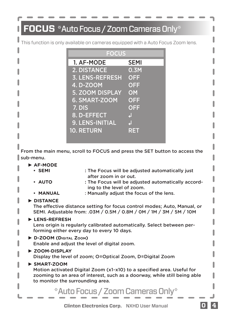 Focus, Auto focus / zoom cameras only | Clinton Electronics NXHD OSD User Manual | Page 9 / 28