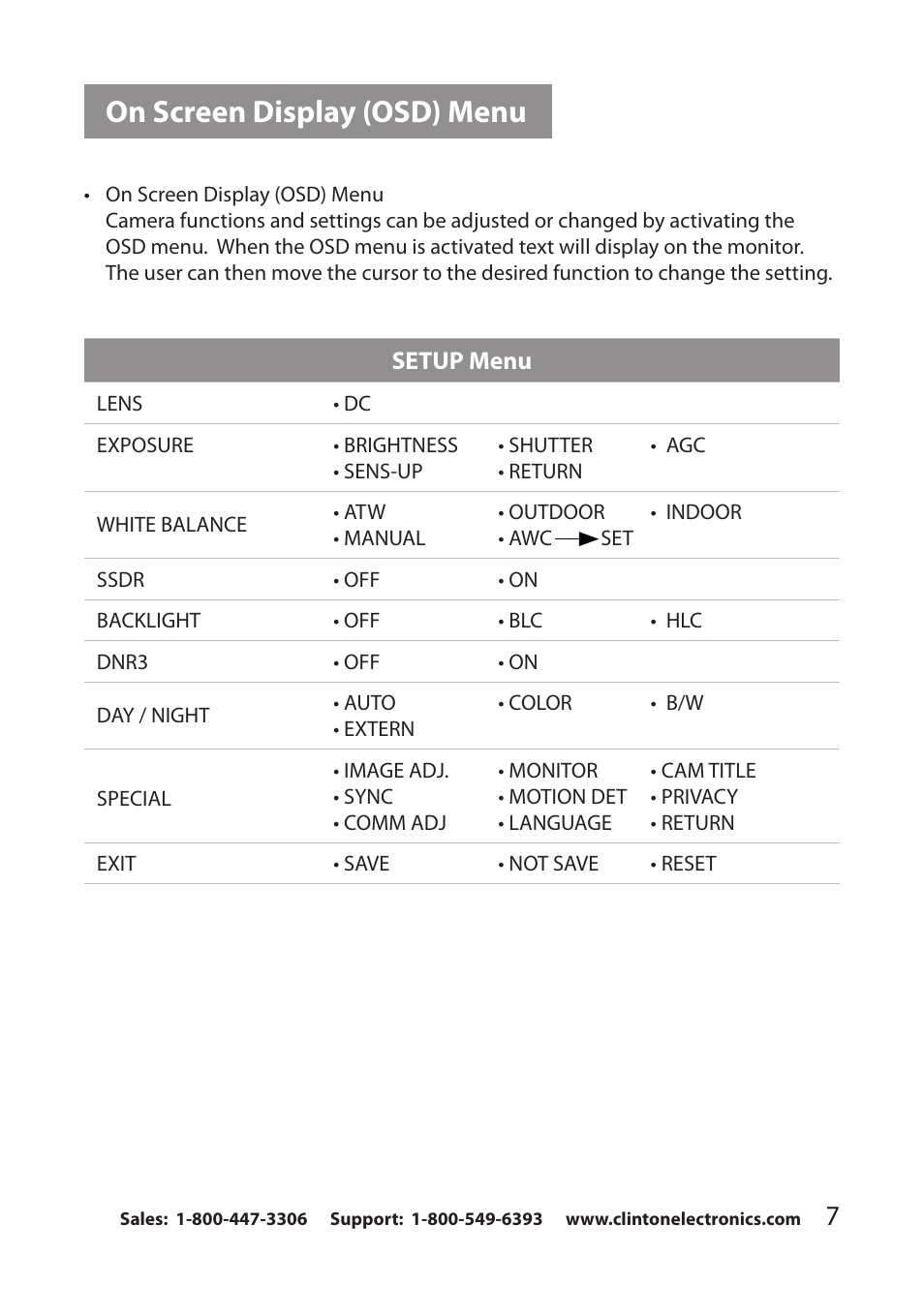 On screen display (osd) menu | Clinton Electronics CE-VF540 User Manual | Page 11 / 34