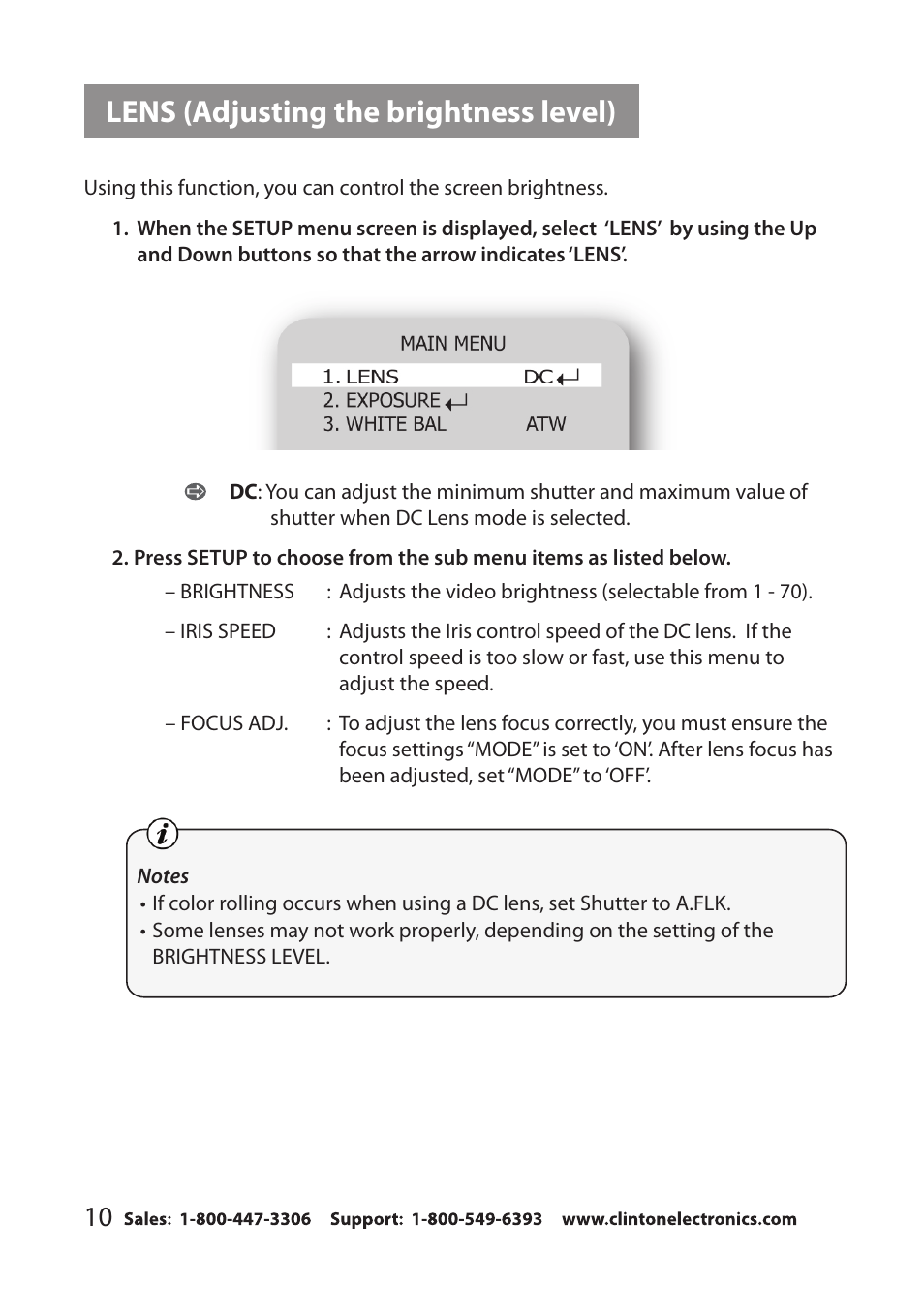 Lens (adjusting the brightness level) | Clinton Electronics CE-VF540 User Manual | Page 14 / 34