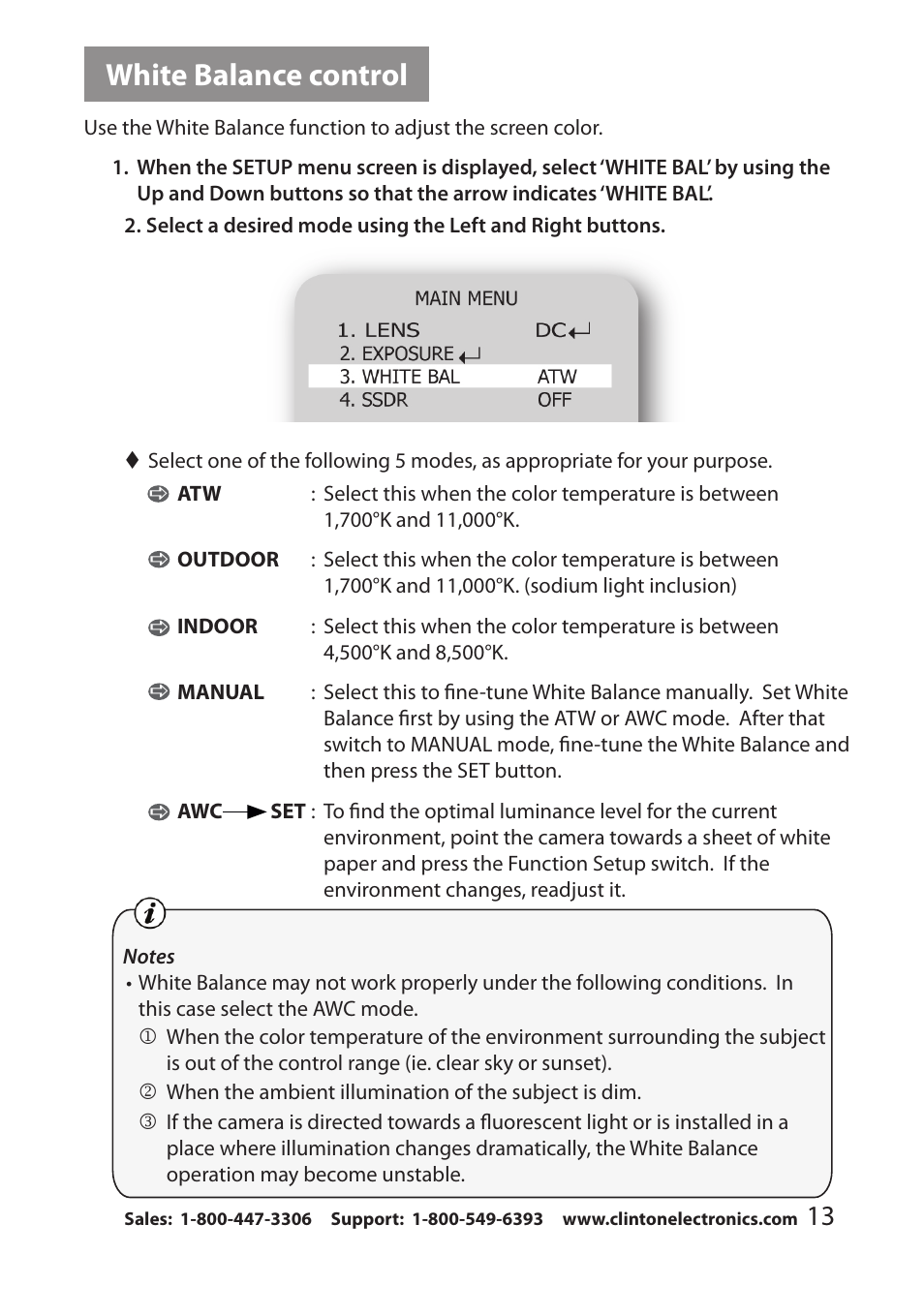 White balance control | Clinton Electronics CE-VF540 User Manual | Page 17 / 34