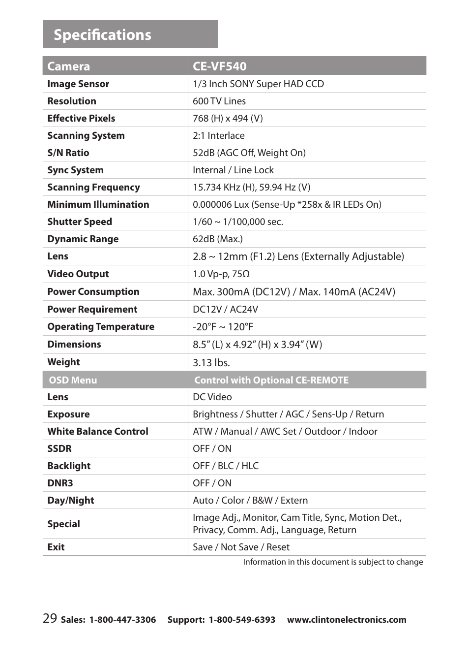 Specifications, Camera ce-vf540 | Clinton Electronics CE-VF540 User Manual | Page 32 / 34