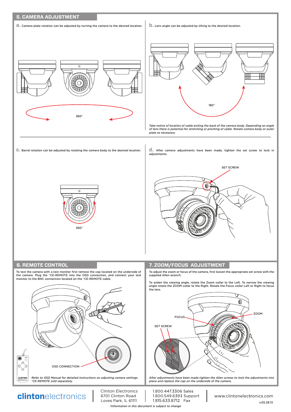 Camera adjustment a, Remote control 7. zoom/focus adjustment | Clinton Electronics CE-T909 User Manual | Page 2 / 2