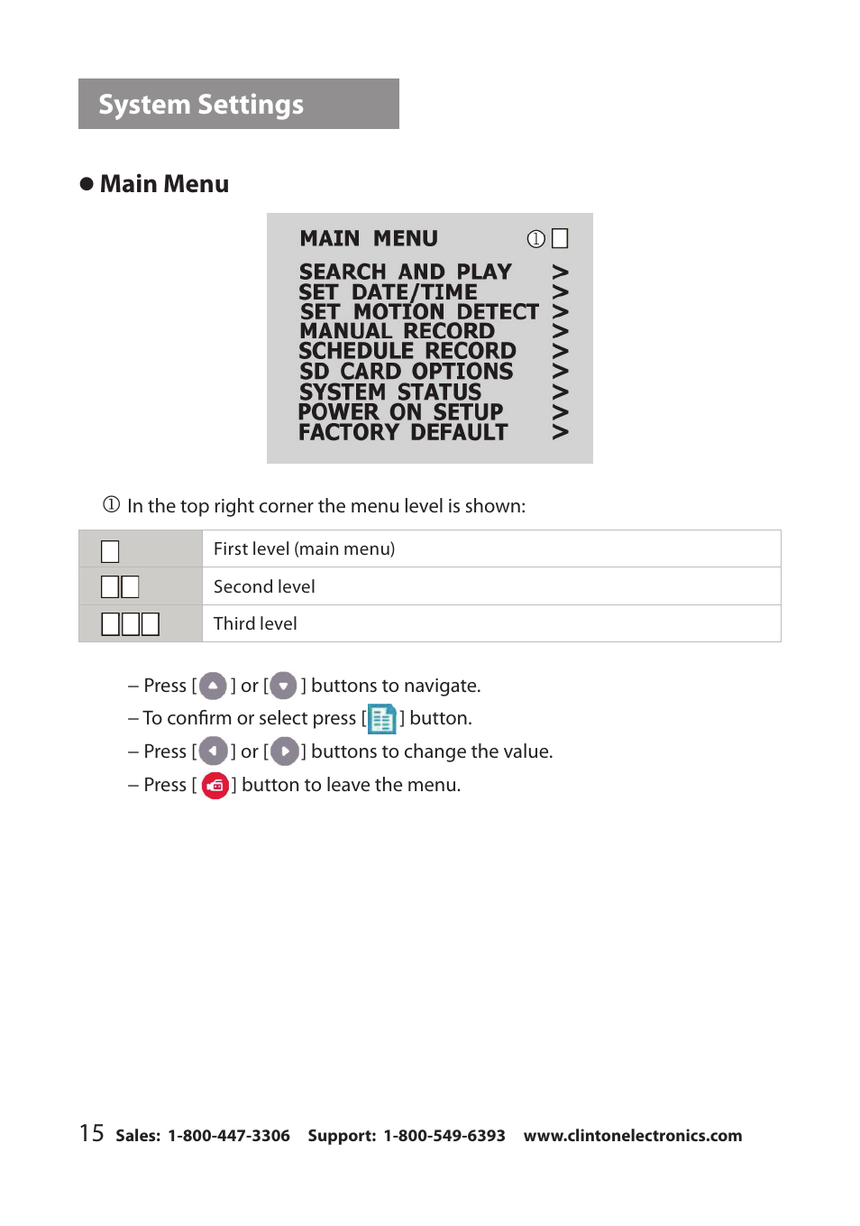 System settings, Main menu | Clinton Electronics CE-RP1 User Manual | Page 18 / 30