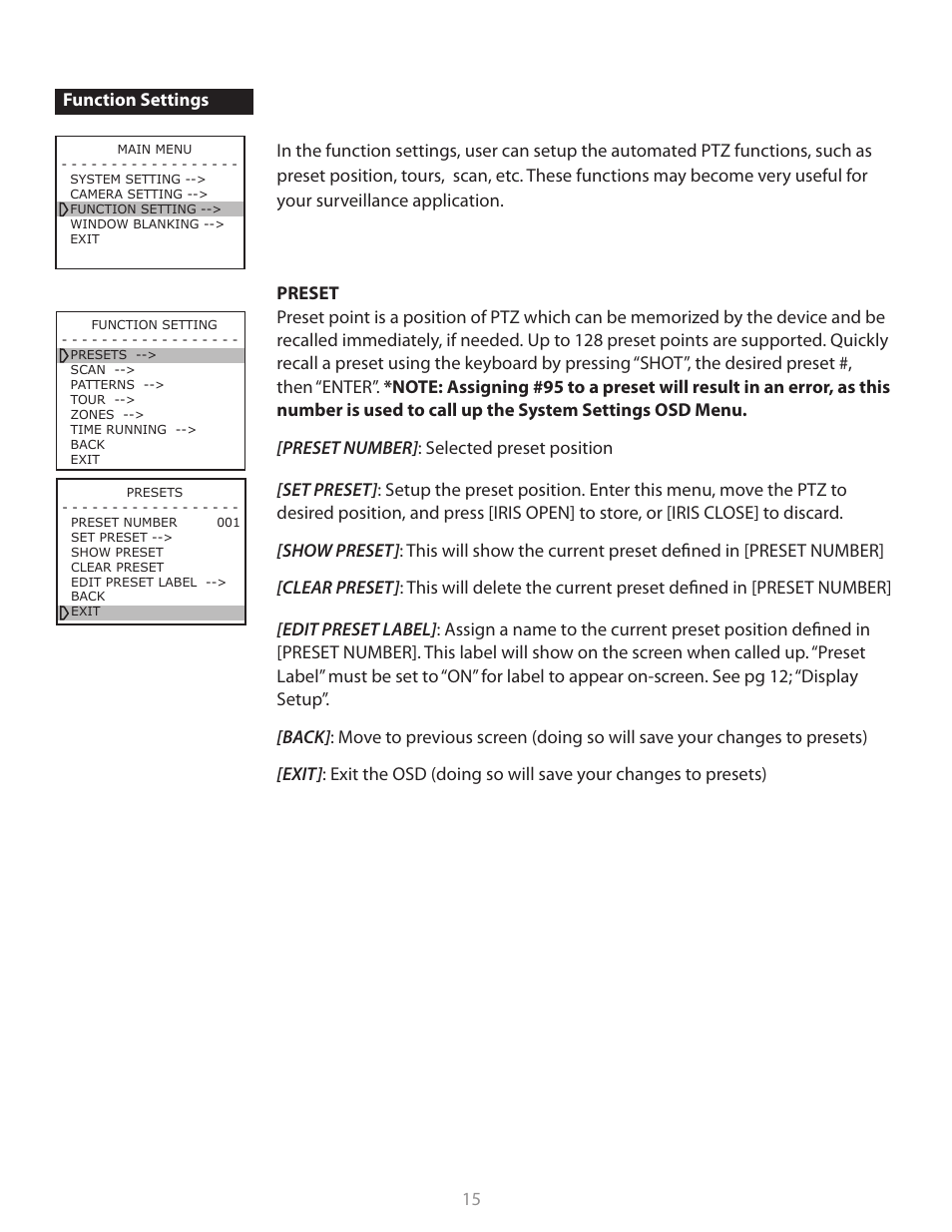 Function settings | Clinton Electronics CE-PTZ10x User Manual | Page 15 / 22