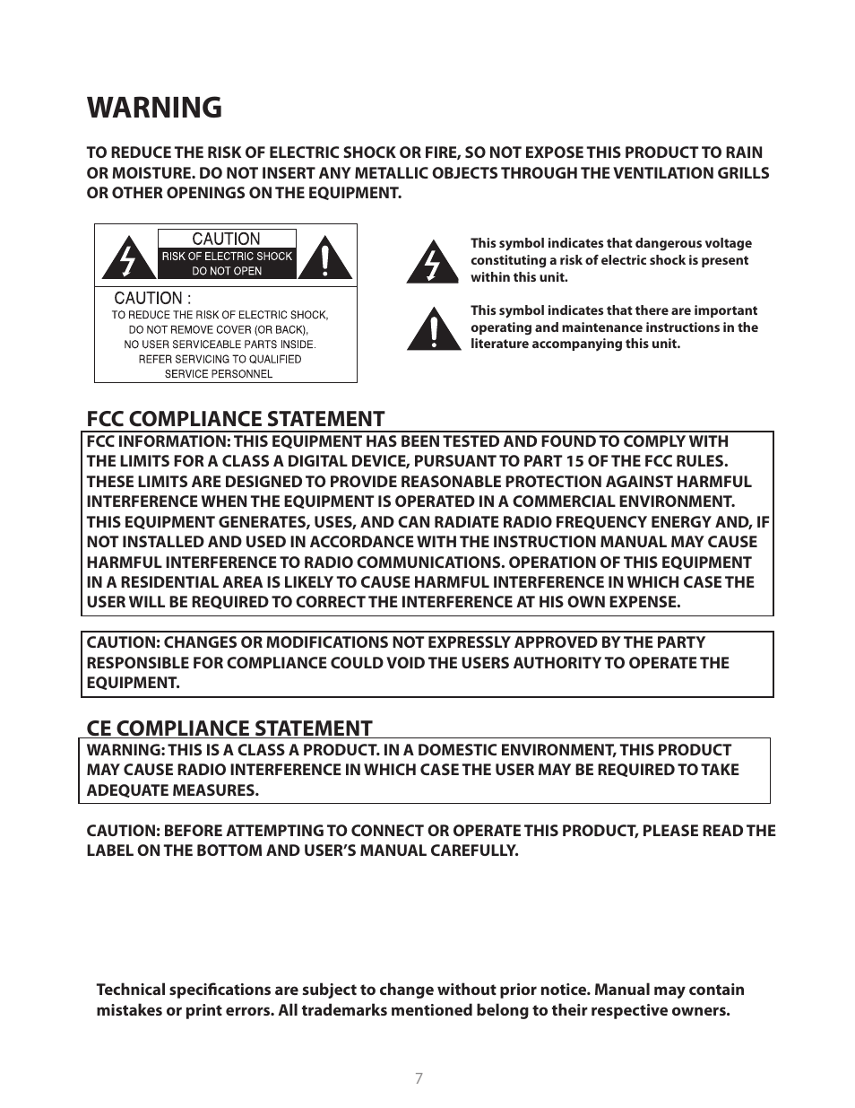 Warning, Fcc compliance statement, Ce compliance statement | Clinton Electronics CE-PTZ10x User Manual | Page 7 / 22