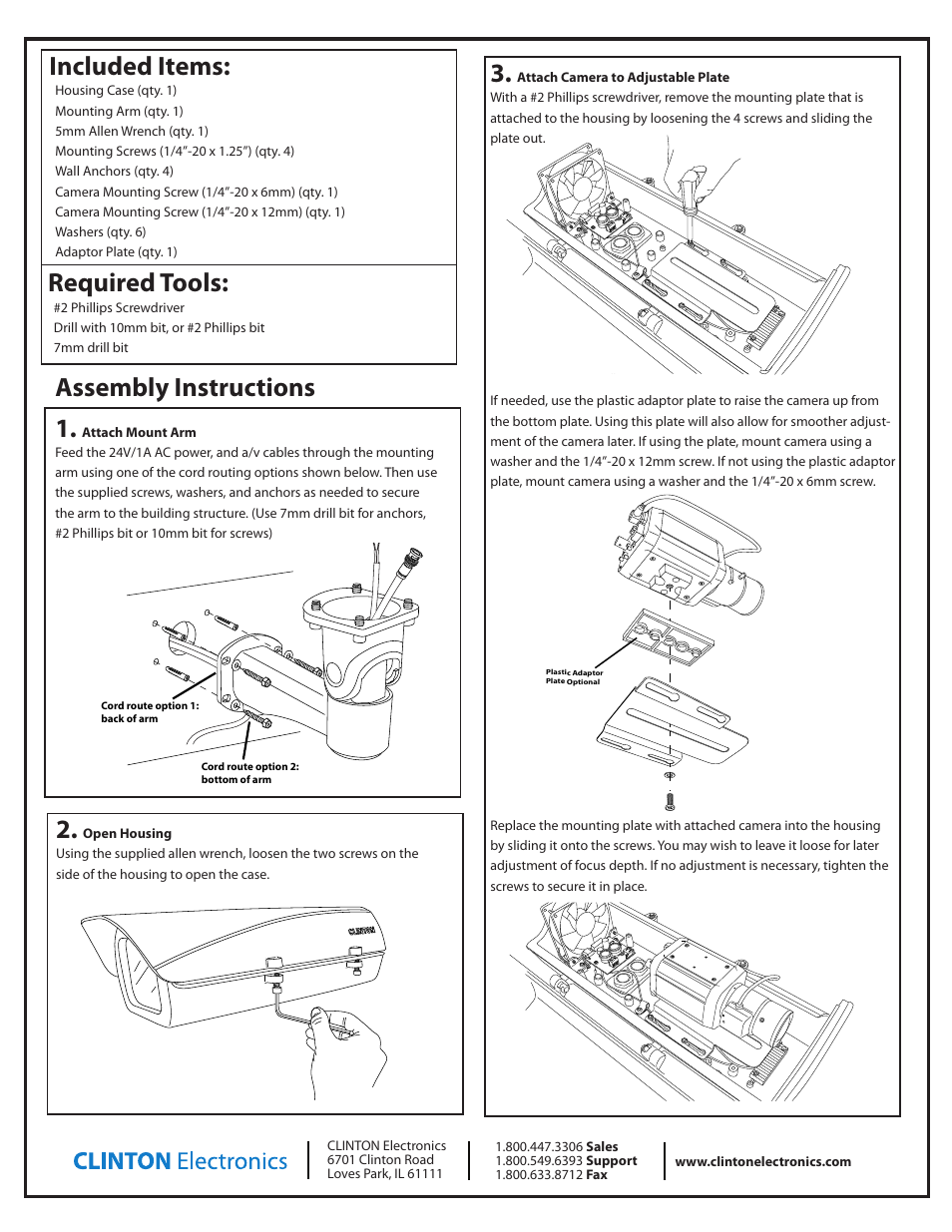 Assembly instructions 1, Included items, Required tools | Iris ja ck osd ex tra video out power video dc set | Clinton Electronics CE-H13 User Manual | Page 2 / 4