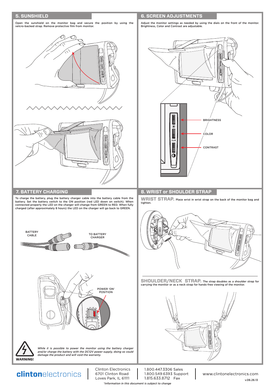 Sunshield, Wrist or shoulder strap, Wrist strap | Shoulder/neck strap, Battery charging, Screen adjustments | Clinton Electronics CE-LCD5.5 User Manual | Page 2 / 2
