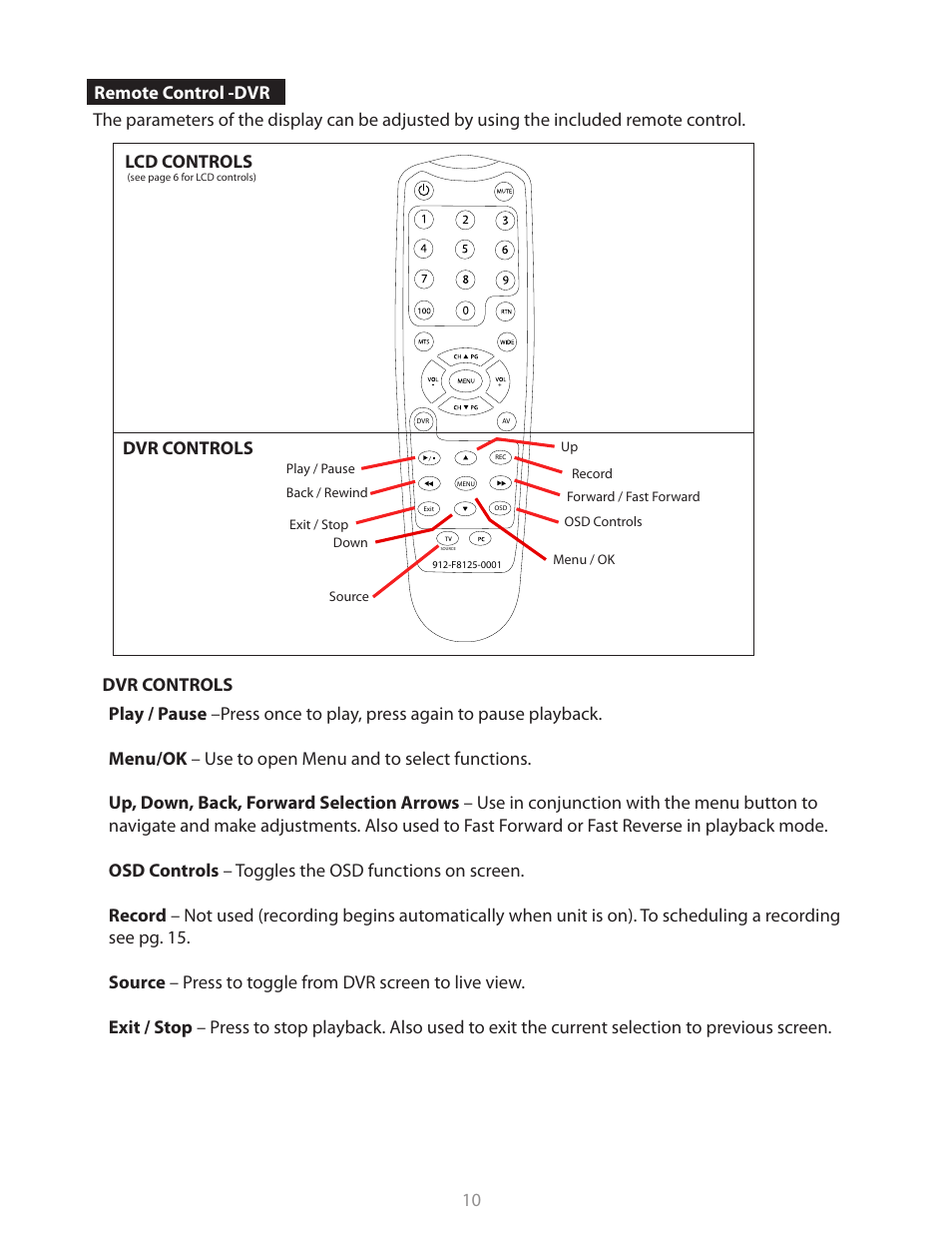 Remote control -dvr, Dvr controls, Dvr controls lcd controls | Clinton Electronics CE-M8SD-B User Manual | Page 10 / 36