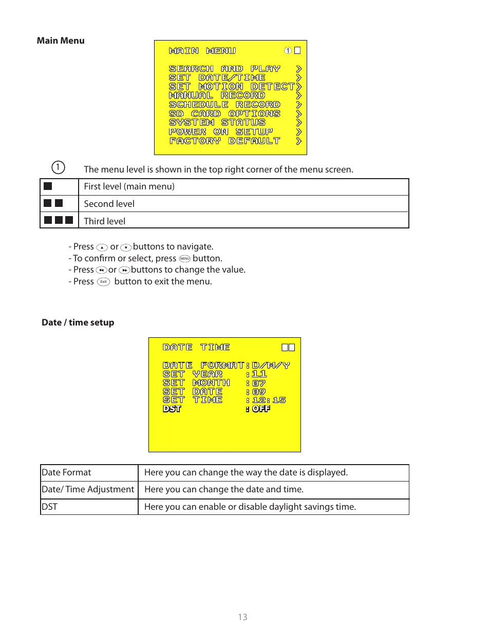 Main menu | Clinton Electronics CE-M8SD-B User Manual | Page 13 / 36