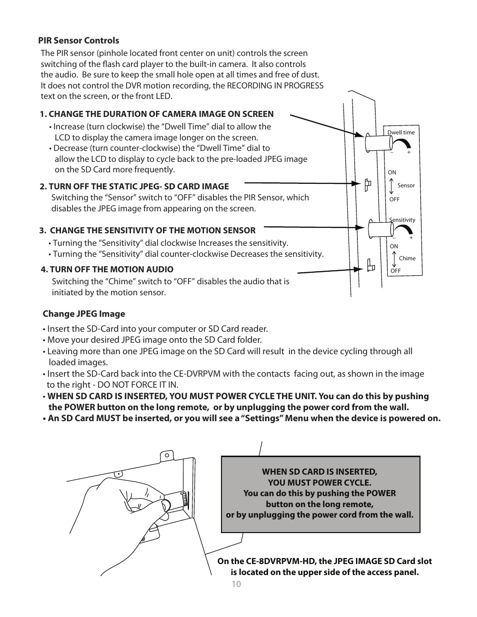 Lcd controls pir sensor controls, Change jpeg image | Clinton Electronics CE-20PVMDVR User Manual User Manual | Page 10 / 30
