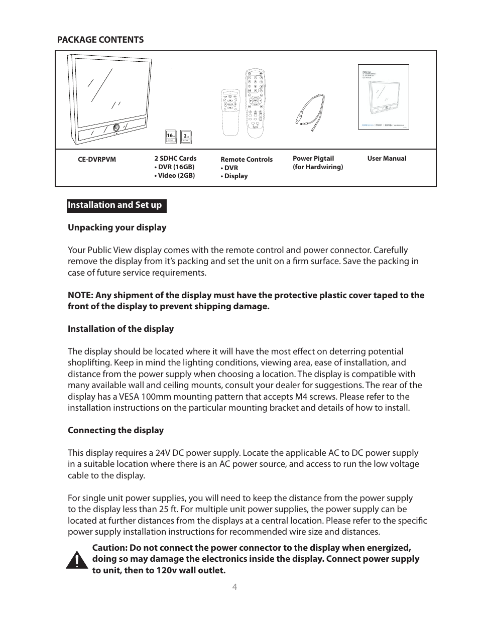 Package contents | Clinton Electronics CE-20PVMDVR User Manual User Manual | Page 4 / 30