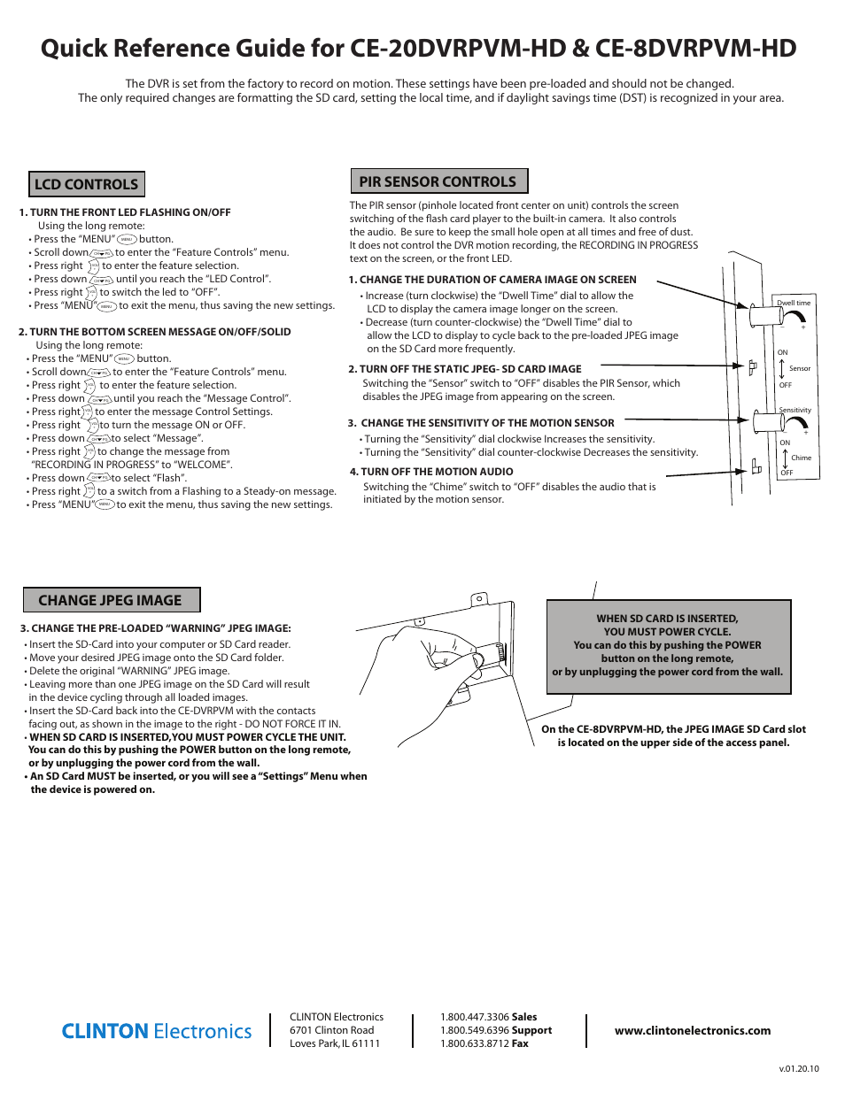Ce-dvrpvm quick guide p2v4.pdf, Lcd controls pir sensor controls, Change jpeg image | Clinton Electronics CE-20PVMDVR Quick Start User Manual | Page 2 / 2