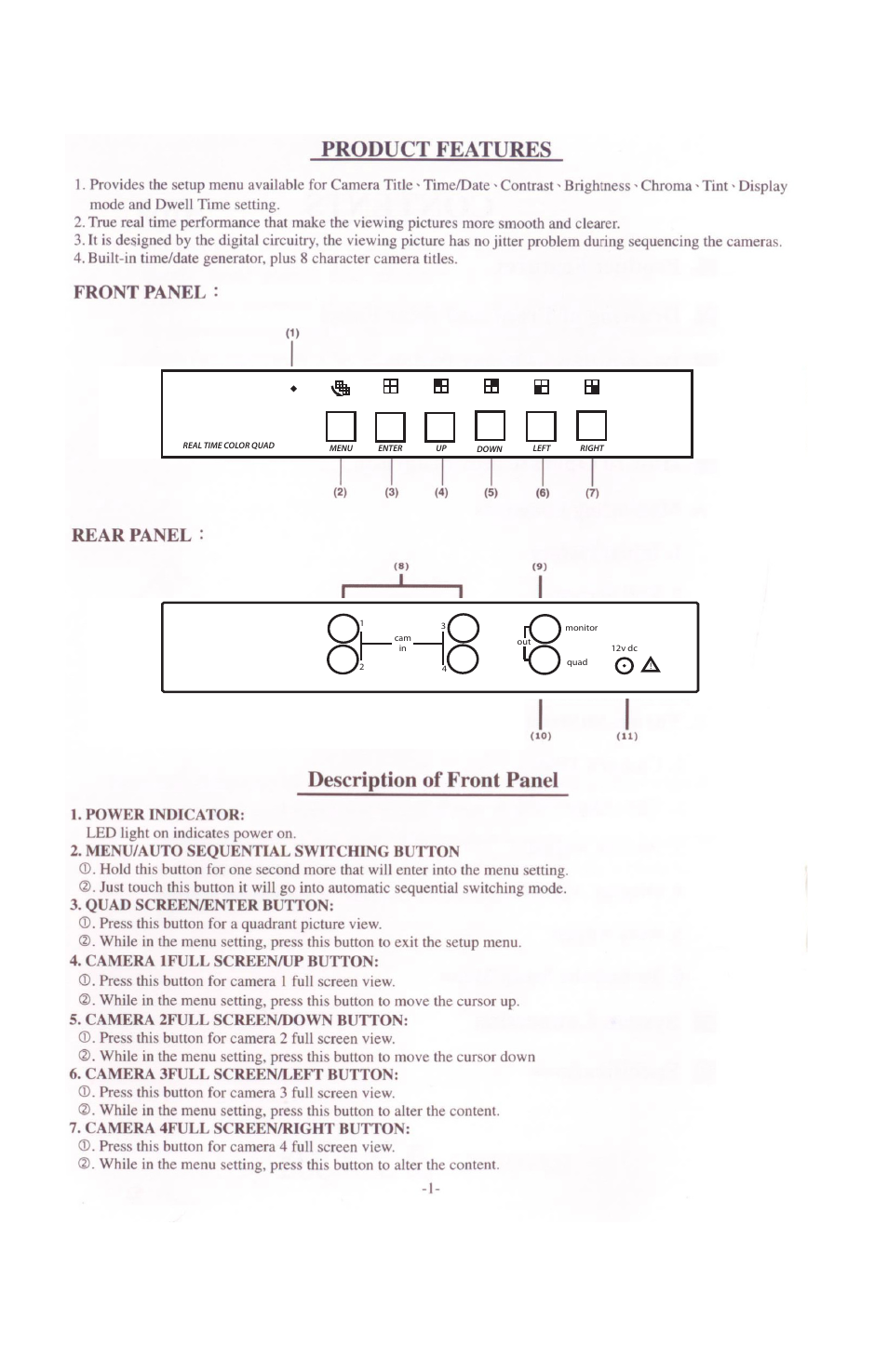 Monitor, Dvr / vcr / monitor 2, Front panel rear panel | Clinton Electronics CE-Q54 User Manual | Page 4 / 8