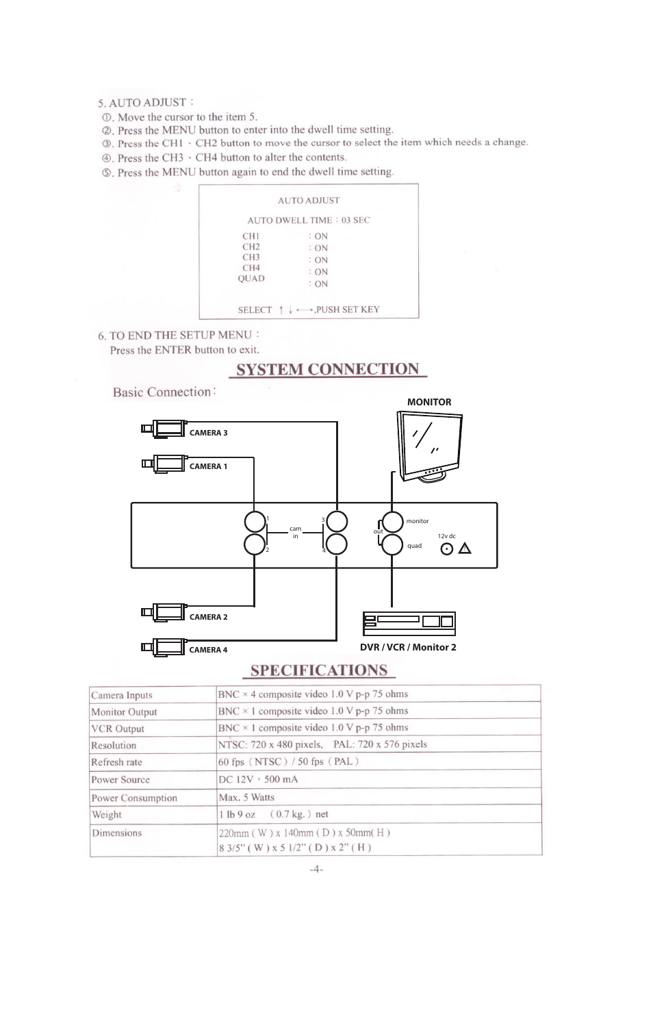 Monitor, Dvr / vcr / monitor 2, Front panel rear panel | Clinton Electronics CE-Q54 User Manual | Page 7 / 8