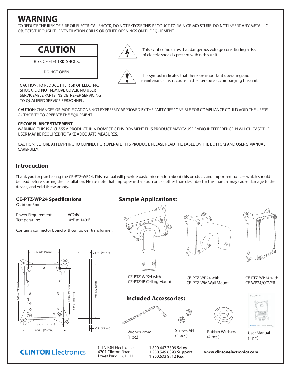 Warning, Caution, Included accessories | Sample applications, Introduction, Ce-ptz-wp24 specifications, Outdoor box, Ac220v com | Clinton Electronics CE-PTZ-WP24 User Manual | Page 2 / 5