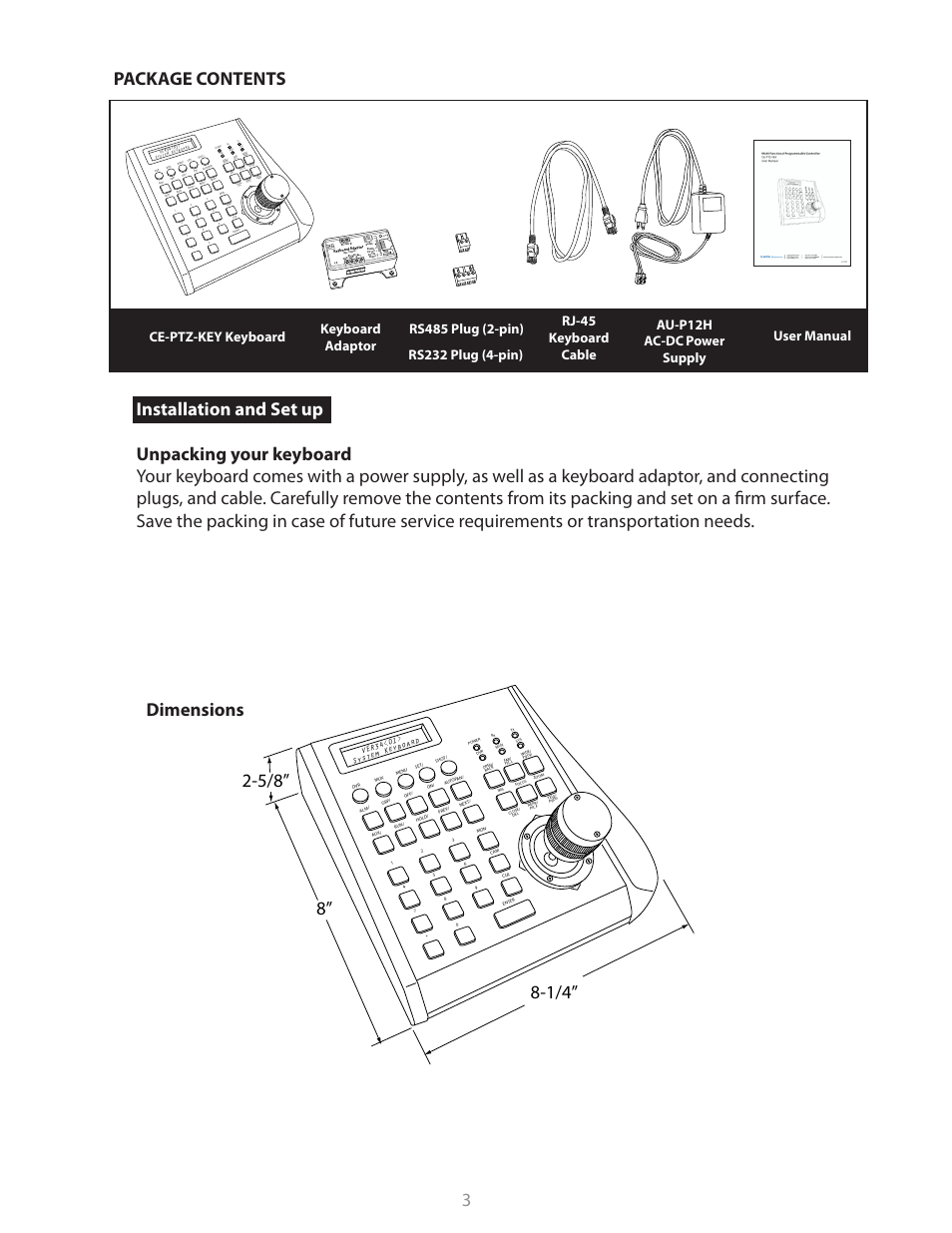 Package contents, Dimensions, Zoom tele | Left right up down, Right : tele navigation, Ce-ptz-key keyboard user manual, Keyboard adaptor, Power, Digital vi deo recorder, Po w er | Clinton Electronics CE-PTZ-KEY User Manual | Page 3 / 26
