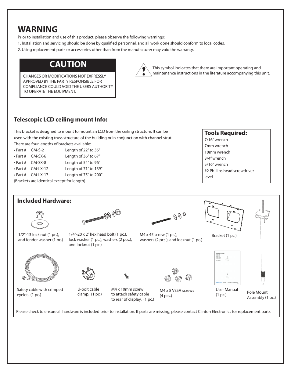 Warning, Caution, Telescopic lcd ceiling mount info | Included hardware: tools required, User manual (1 pc.), Bracket (1 pc.) pole mount assembly (1 pc.), M4 x 8 vesa screws (4 pcs.) | Clinton Electronics CE-CM-LX-17-B User Manual | Page 2 / 4