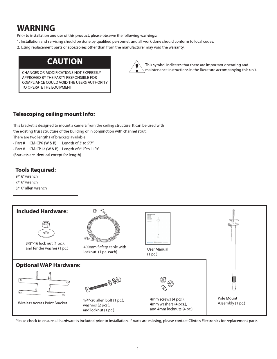 Min. hole size: 3/8” max. hole size: 5/8 | Clinton Electronics CE-CP12B User Manual | Page 2 / 4