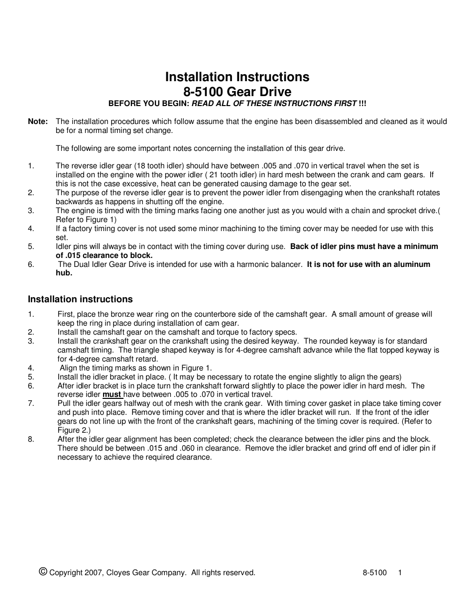 Cloyes 8-5100 Gear Drive (SB Chevy) User Manual | 2 pages