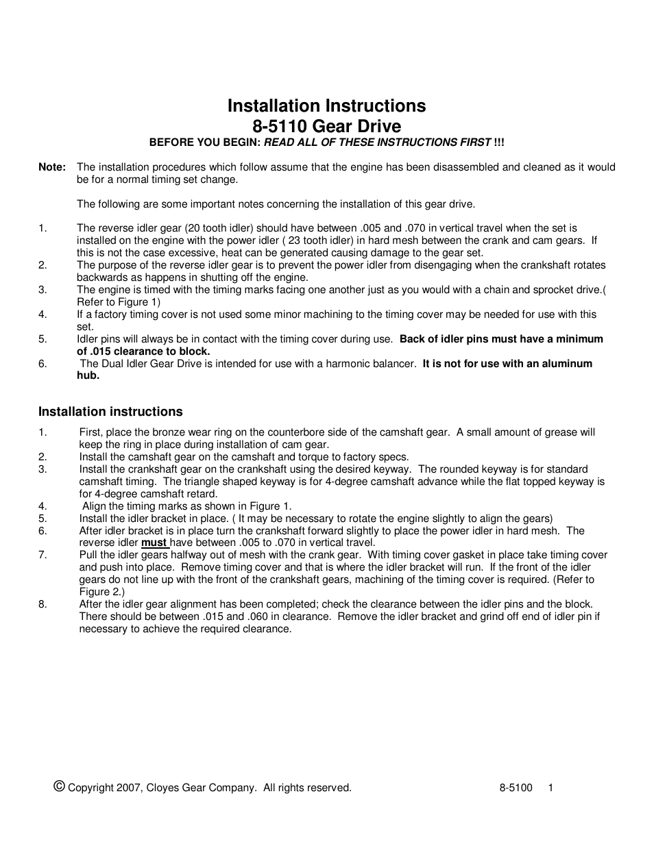 Cloyes 8-5110 Gear Drive (BB Chevy) User Manual | 2 pages