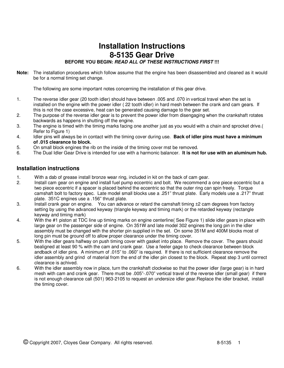 Cloyes 8-5135 Gear Drive (SB Ford) User Manual | 2 pages