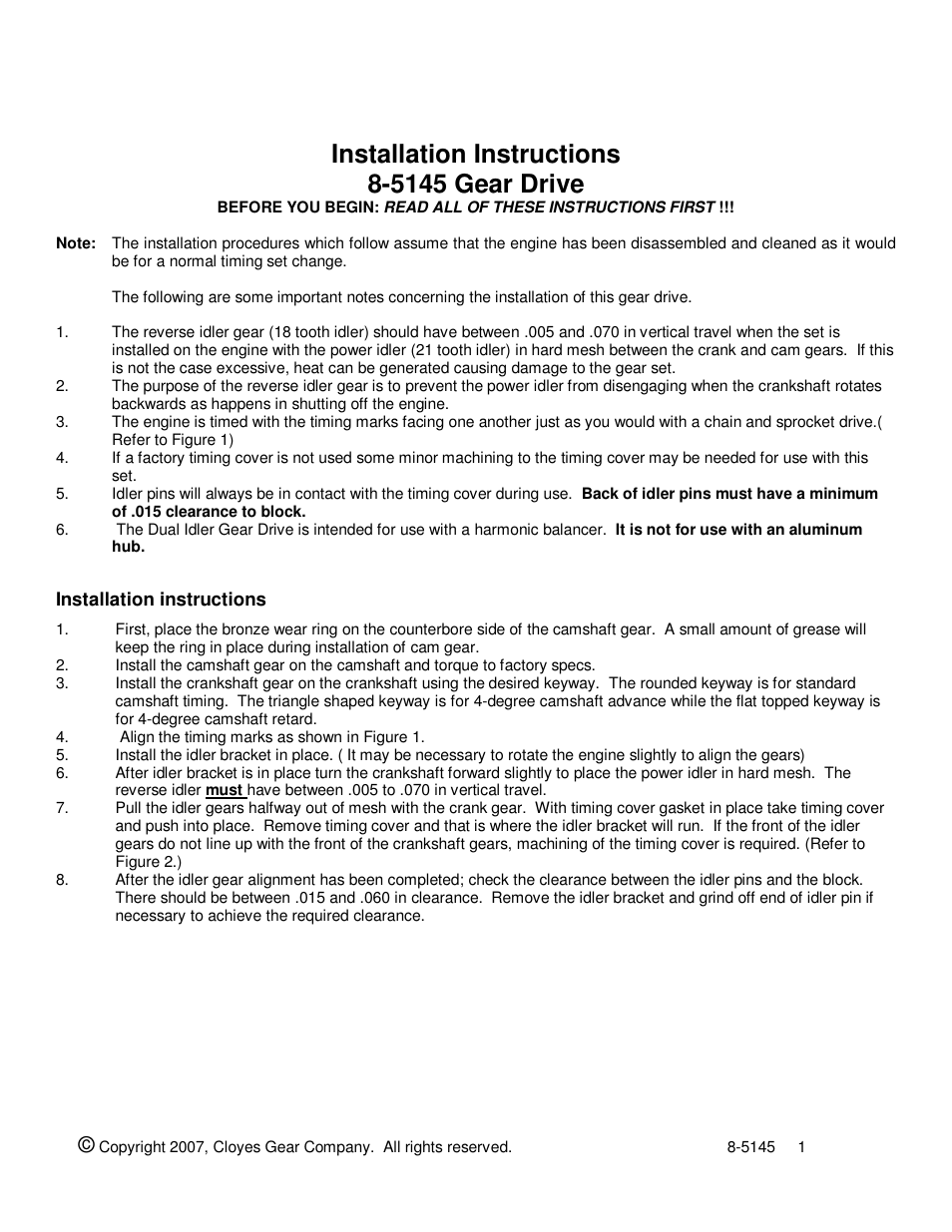 Cloyes 8-5145 Gear Drive (SB Chev Fact Roller) User Manual | 2 pages