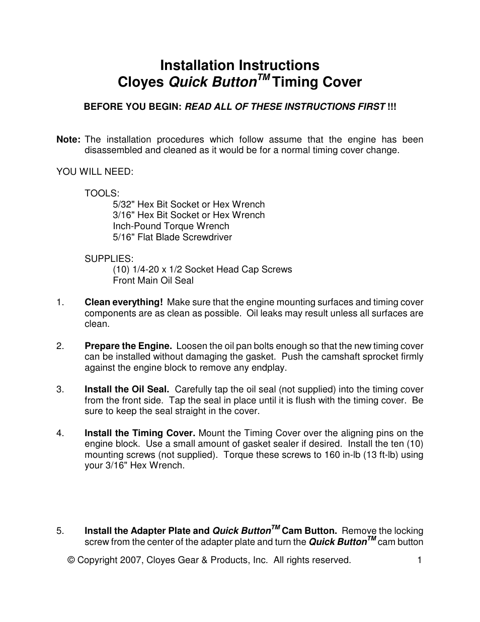 Cloyes Quick Button Timing Cover User Manual | 2 pages