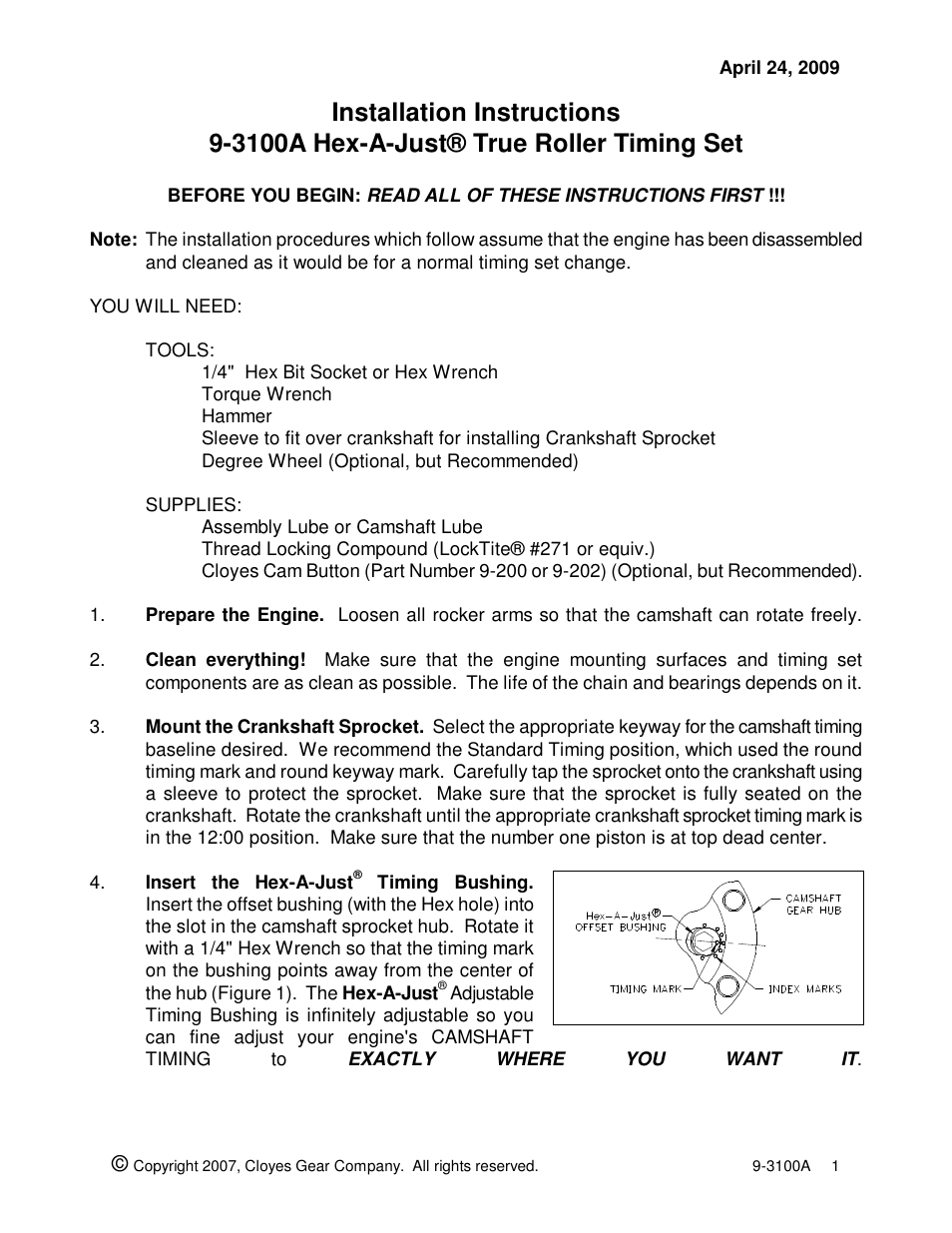 Cloyes Hex-A-Just 9-3100A (SB Chevy) User Manual | 2 pages