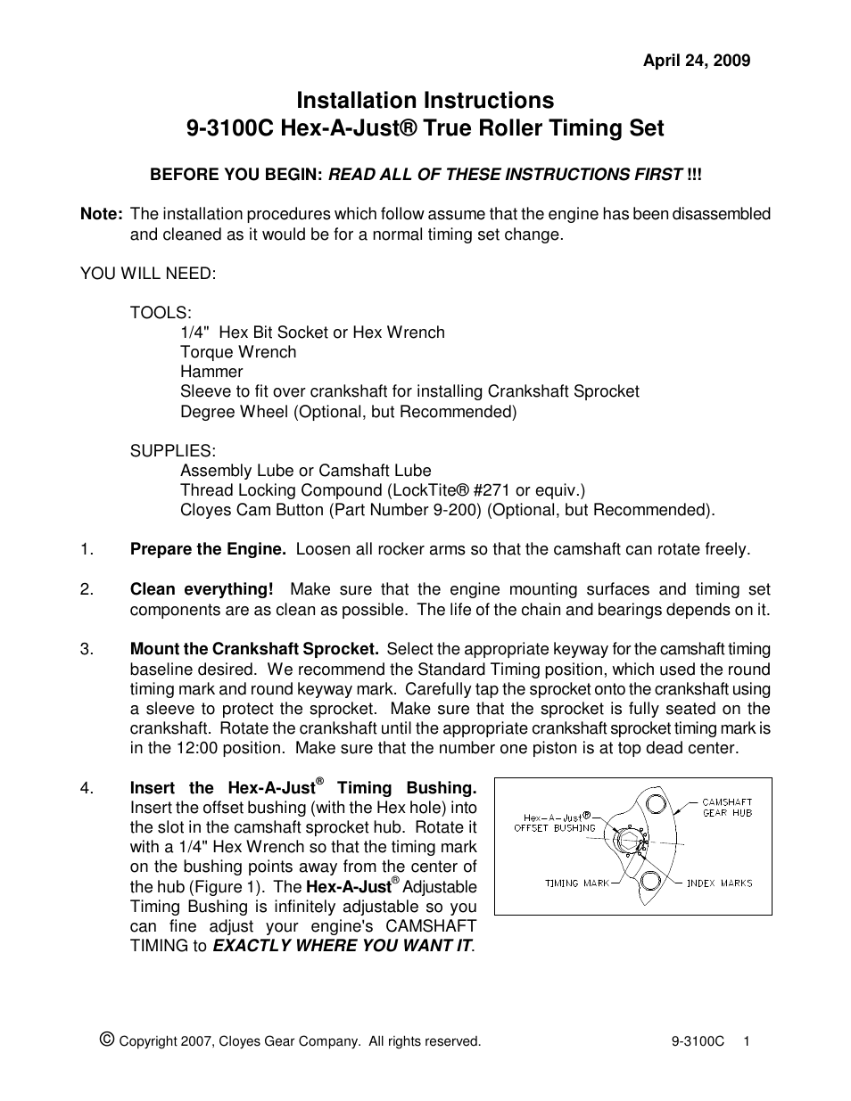 Cloyes Hex-A-Just 9-3100C (SB Chevy BB Cam) User Manual | 2 pages