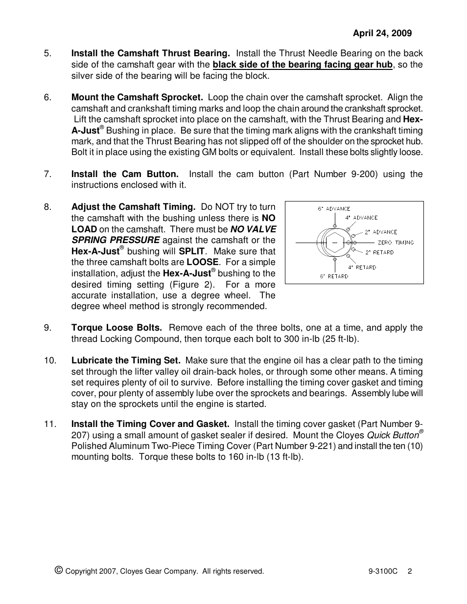 Cloyes Hex-A-Just 9-3100C (SB Chevy BB Cam) User Manual | Page 2 / 2