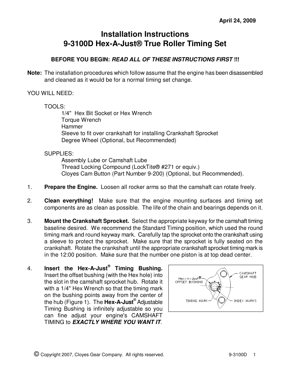 Cloyes Hex-A-Just 9-3100D (SB Chevy BB Cam/Crank) User Manual | 2 pages