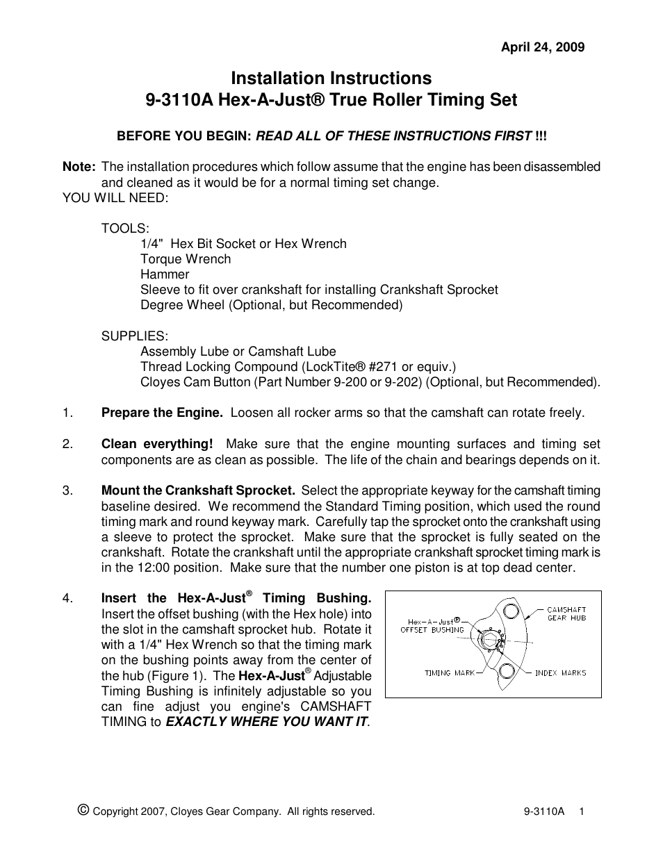 Cloyes Hex-A-Just 9-3110A (BB Chevy) User Manual | 2 pages