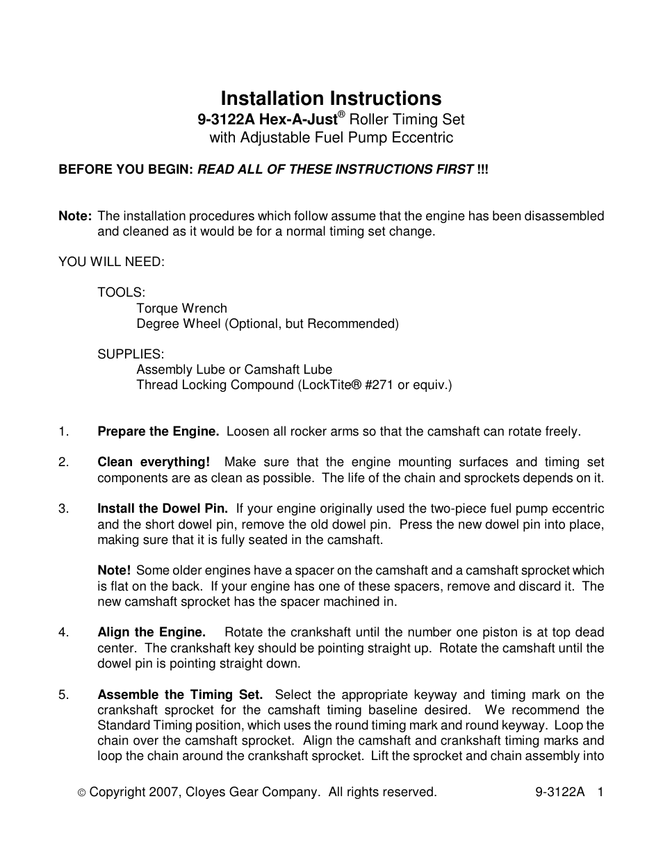 Cloyes Hex-A-Just 9-3122A (BB Ford) User Manual | 2 pages