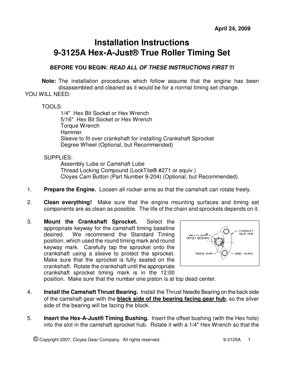 Cloyes Hex-A-Just 9-3125A (Chrysler 3 Bolt) User Manual | 2 pages